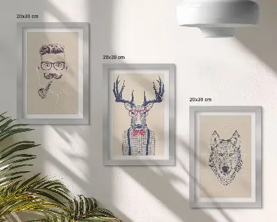 Lot de 3 tableaux représentant des portraits stylés d'animaux et d'hommes