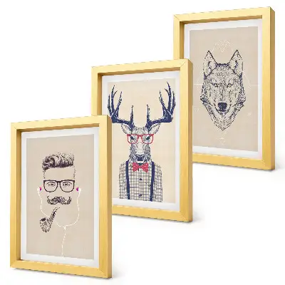 Lot de 3 tableaux représentant des portraits stylés d'animaux et d'hommes