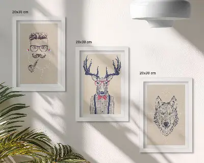 Lot de 3 tableaux représentant des portraits stylés d'animaux et d'hommes