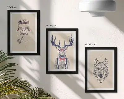 Lot de 3 tableaux représentant des portraits stylés d'animaux et d'hommes