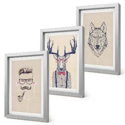 Lot de 3 tableaux représentant des portraits stylés d'animaux et d'hommes