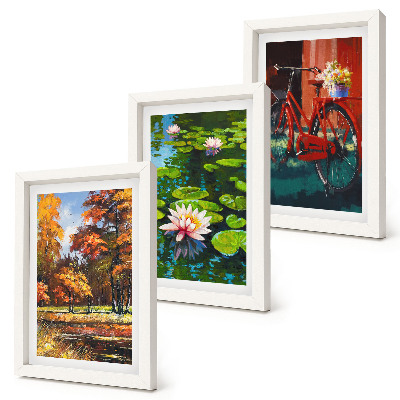Ensemble de 3 tableaux Couleurs d'automne, bassin aux nénuphars, vélo sur la terrasse