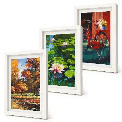 Ensemble de 3 tableaux représentant Couleurs d'automne, bassin aux nénuphars et vélo sur la terrasse