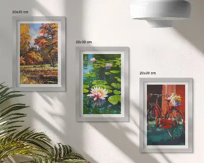 Ensemble de 3 tableaux représentant Couleurs d'automne, bassin aux nénuphars et vélo sur la terrasse