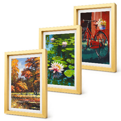 Ensemble de 3 tableaux Couleurs d'automne, bassin aux nénuphars, vélo sur la terrasse