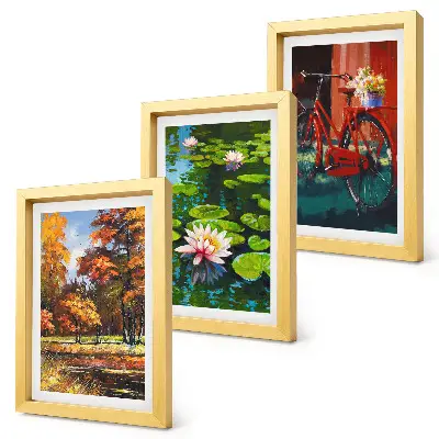 Ensemble de 3 tableaux représentant Couleurs d'automne, bassin aux nénuphars et vélo sur la terrasse