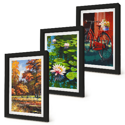 Ensemble de 3 tableaux Couleurs d'automne, bassin aux nénuphars, vélo sur la terrasse