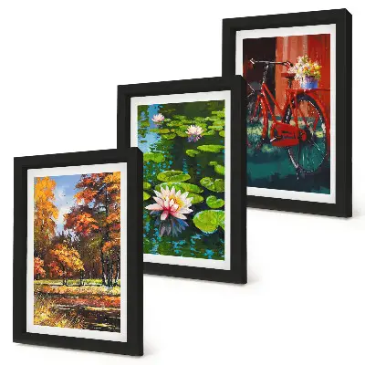 Ensemble de 3 tableaux représentant Couleurs d'automne, bassin aux nénuphars et vélo sur la terrasse