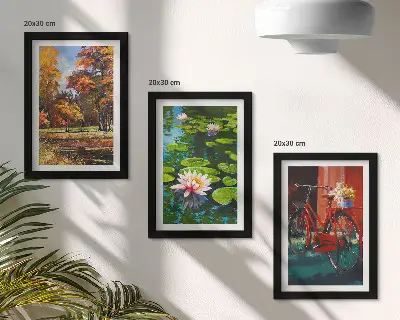 Ensemble de 3 tableaux représentant Couleurs d'automne, bassin aux nénuphars et vélo sur la terrasse
