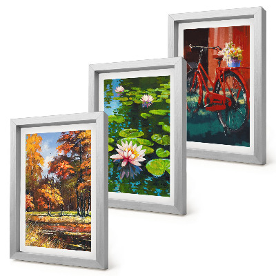 Ensemble de 3 tableaux Couleurs d'automne, bassin aux nénuphars, vélo sur la terrasse