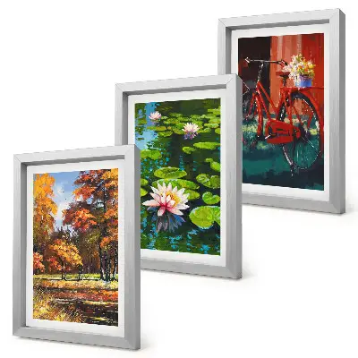 Ensemble de 3 tableaux représentant Couleurs d'automne, bassin aux nénuphars et vélo sur la terrasse