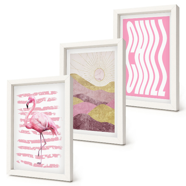 Mur de cadres Flamants roses, paysage de montagne pastel, lettrage Chill