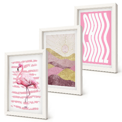 Mur de cadres Flamants roses, paysage de montagne pastel, lettrage Chill
