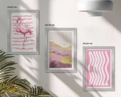 Mur de cadres Flamants roses, paysage de montagne pastel, lettrage Chill