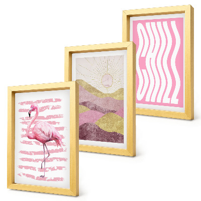 Mur de cadres Flamants roses, paysage de montagne pastel, lettrage Chill