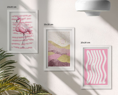 Mur de cadres Flamants roses, paysage de montagne pastel, lettrage Chill