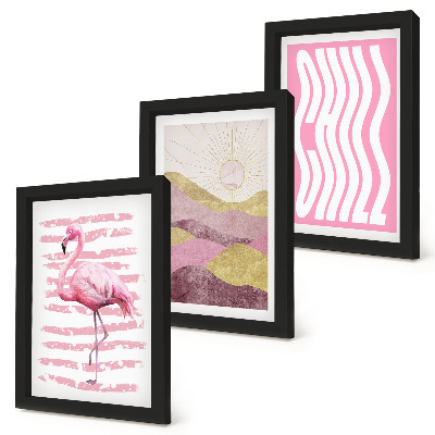 Mur de cadres Flamants roses, paysage de montagne pastel, lettrage Chill
