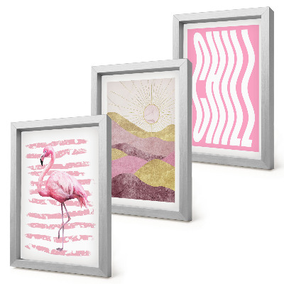 Mur de cadres Flamants roses, paysage de montagne pastel, lettrage Chill