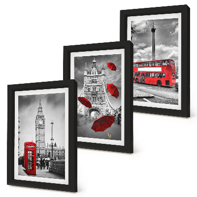 Lot de 3 tableaux Vues de Londres avec un parapluie rouge et un bus