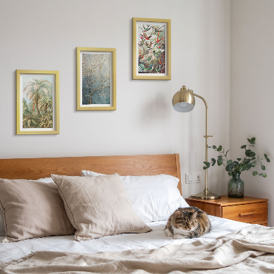 Ensemble de 3 tableaux Plantes tropicales et oiseaux colorés dans la nature