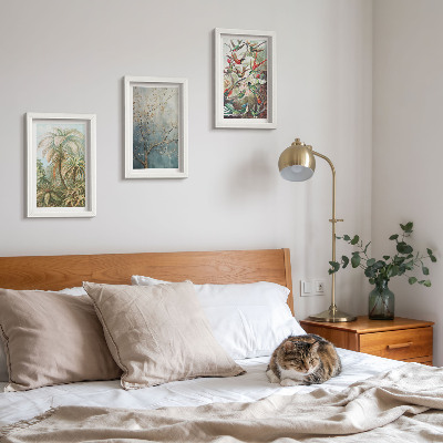 Ensemble de 3 tableaux Plantes tropicales et oiseaux colorés dans la nature