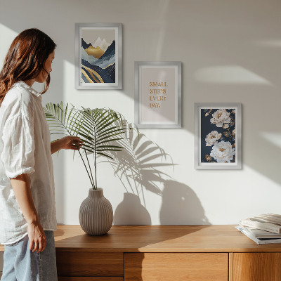 Ensemble de 3 tableaux Montagnes abstraites, fleurs et lettrage inspirant