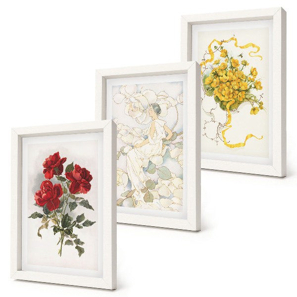 Ensemble de 3 tableaux Roses rouges, silhouette blanche, fleurs jaunes dans un vase