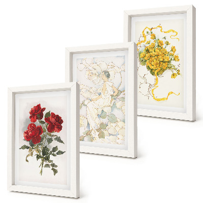 Ensemble de 3 tableaux Roses rouges, silhouette blanche, fleurs jaunes dans un vase