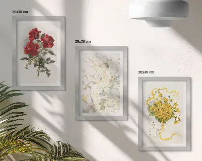 Ensemble de 3 tableaux roses rouges, silhouette blanche et fleurs jaunes dans un vase