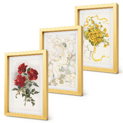 Ensemble de 3 tableaux Roses rouges, silhouette blanche, fleurs jaunes dans un vase