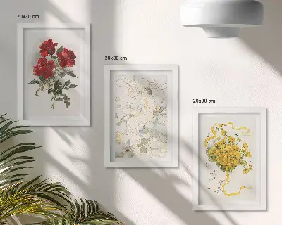 Ensemble de 3 tableaux roses rouges, silhouette blanche et fleurs jaunes dans un vase