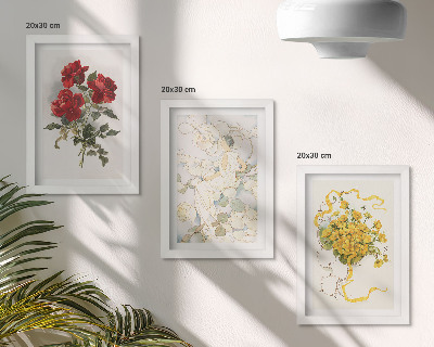 Ensemble de 3 tableaux Roses rouges, silhouette blanche, fleurs jaunes dans un vase