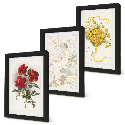 Ensemble de 3 tableaux Roses rouges, silhouette blanche, fleurs jaunes dans un vase
