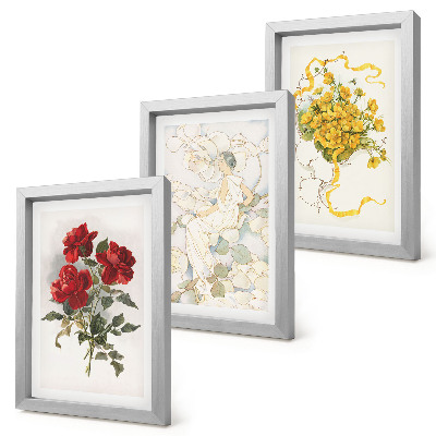Ensemble de 3 tableaux Roses rouges, silhouette blanche, fleurs jaunes dans un vase