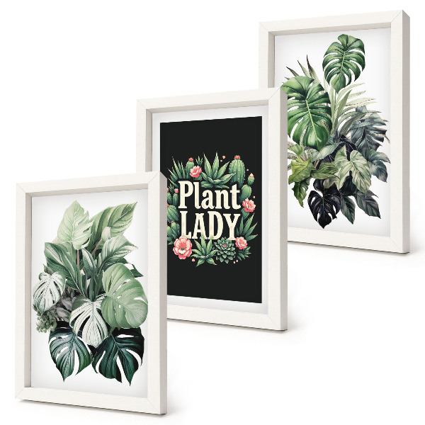 Mur de cadres Plantes tropicales avec l'inscription « La Dame aux Plantes » en vert