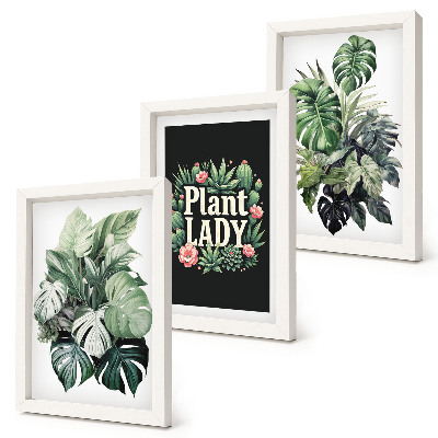 Mur de cadres Plantes tropicales avec l'inscription « La Dame aux Plantes » en vert