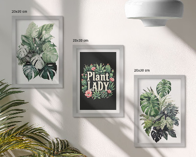 Mur de cadres Plantes tropicales avec l'inscription « La Dame aux Plantes » en vert