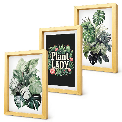 Mur de cadres Plantes tropicales avec l'inscription « La Dame aux Plantes » en vert