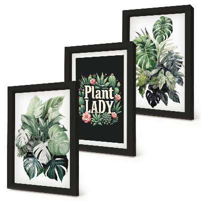 Mur de cadres Plantes tropicales avec l'inscription « La Dame aux Plantes » en vert