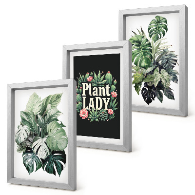 Mur de cadres Plantes tropicales avec l'inscription « La Dame aux Plantes » en vert