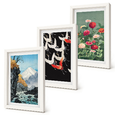 Ensemble de 3 tableaux Montagnes avec une cascade, des oiseaux en vol et des fleurs colorées