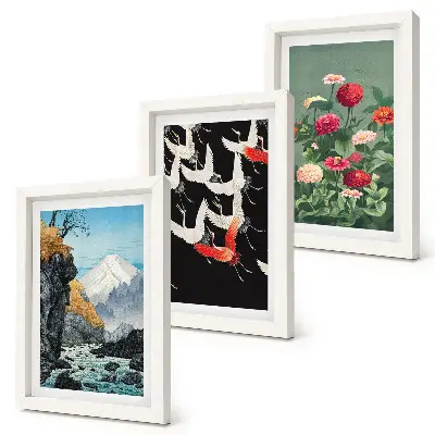 Ensemble de 3 tableaux représentant des montagnes avec une cascade, des oiseaux en vol et des fleurs colorées