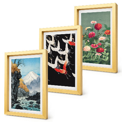 Ensemble de 3 tableaux Montagnes avec une cascade, des oiseaux en vol et des fleurs colorées