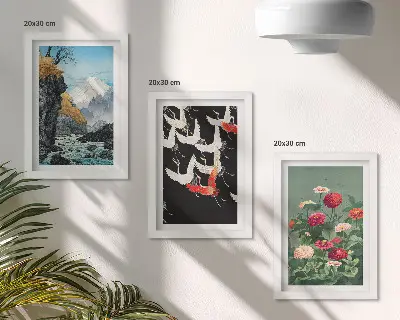 Ensemble de 3 tableaux représentant des montagnes avec une cascade, des oiseaux en vol et des fleurs colorées