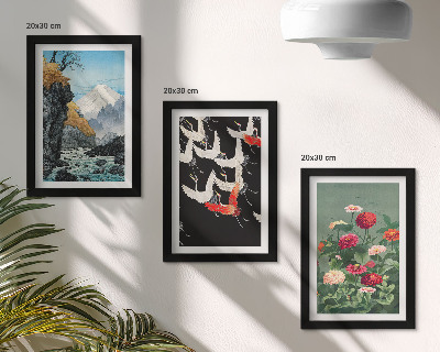 Ensemble de 3 tableaux Montagnes avec une cascade, des oiseaux en vol et des fleurs colorées