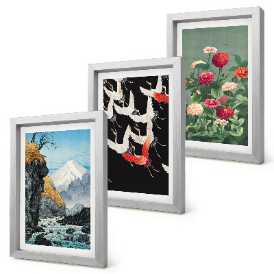 Ensemble de 3 tableaux Montagnes avec une cascade, des oiseaux en vol et des fleurs colorées