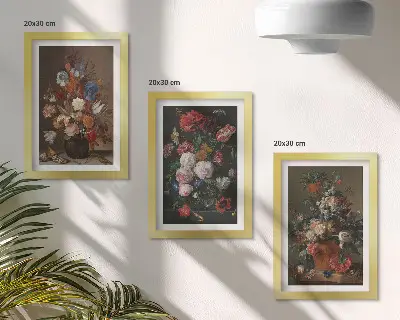 Mur de cadres fleurs en vases et compositions végétales vintage