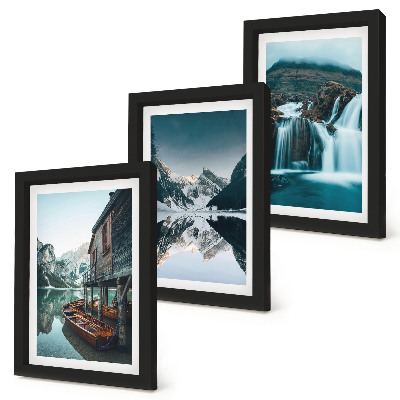 Lot de 3 tableaux Paysages de montagne avec une cascade et un lac