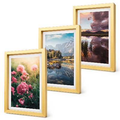 Ensemble de 3 tableaux Des fleurs dans le jardin, des montagnes et la surface calme de l'eau