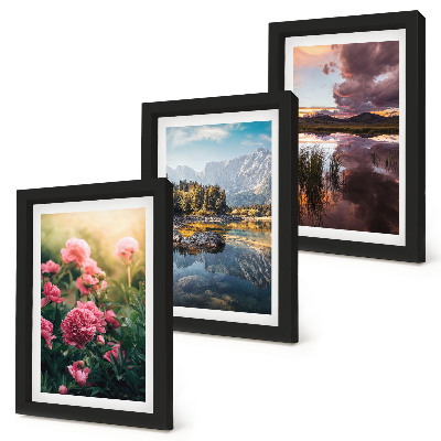 Ensemble de 3 tableaux Des fleurs dans le jardin, des montagnes et la surface calme de l'eau
